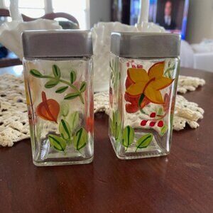 Set Vintage HAND-PAINTED thick glass SALT & PEPPER Shakers AUTUMN FOLIAGE * EUC